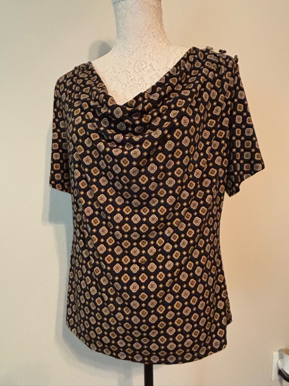 Black Cowl Neck Short Sleeve Blouse with Geometric Print